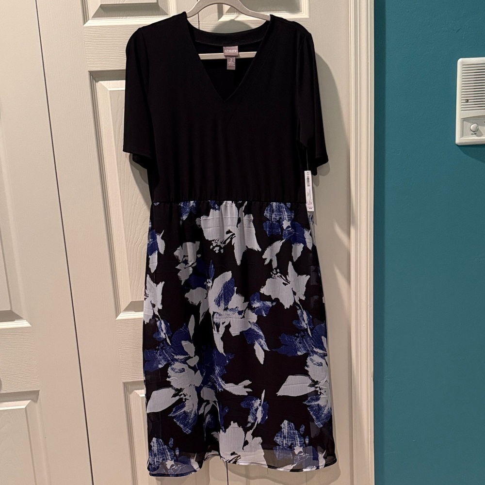 # NWT Chico's L Black & Blue Floral Midi Dress